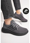 Resim Muggo Montag Garantili Günlük Ortopedik Kaymaz Taban Bağcıklı Çizgili Erkek Sneaker Spor Ayakkabı Füme 