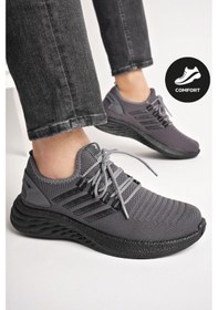 Resim Muggo Montag Garantili Günlük Ortopedik Kaymaz Taban Bağcıklı Çizgili Erkek Sneaker Spor Ayakkabı Füme 