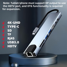 Resim Type-C Hub, 4K UHD + Type-C + SD + TF + RJ45 + USB*2 + HDTV Destekli, 8’i 1 Arada Çok Fonksiyonlu Docking İstasyonu, LED Göstergeli, Alüminyum Kasa ile Etkili Isı Dağılımı, Akıcı Çok Port Kullanımı 