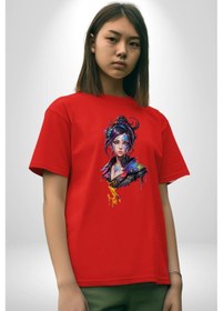Resim Süper Robot Kız Sulu Boya Pamuklu Bisiklet Yaka Unisex Oversize Boyfriend Dijital Baskılı Kırmızı T-shirt Kırmızı 