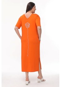 Resim Kadın Büyük Beden Sırt Dekolteli Taşlı Turuncu Elbise Turuncu 