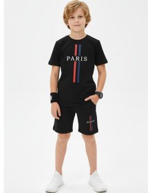 Resim Panios Kids Yuvarlak Yakalı Yazlık Paris Baskı Detaylı Kaprili Erkek Çocuk Alt Üst Takım Siyah 