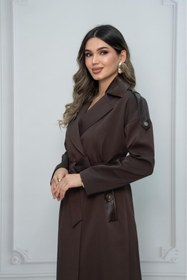 Resim Eccim Fashion Deri Detaylı Broşlu Sade Uzun Kadın Ceket Trençkot 