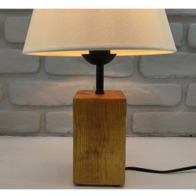 Resim Teak Rengi Ahşap Kütük Ayaklı Açık Krem Kumaş Şapkalı Abajur Kahverengi 