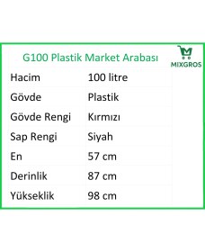 Resim G100 Plastik Market Alışveriş Arabası 100 Litre Kırmızı 