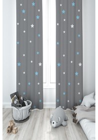 Resim Mekta Home Bebek Ve Çocuk Odası Mavi Ve Beyaz Yıldız Desenli Çerçeveli 2 Kanat Fon Perde 