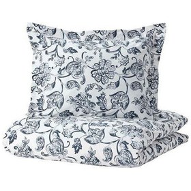 Resim Tek Kişilik Nevresim Takımı 150x200/50x60 cm MeridyenDukkan Beyaz-Mavi Çiçek Desen-Çarşafsız 