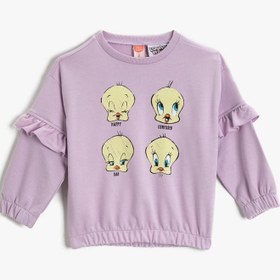 Resim Kız Bebek Tweety Baskılı Bisiklet Yaka Fırfırlı Sweatshirt Lisanslı Pamuklu 