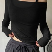 Resim Kadınlar İçin Omuzdan Aşağı Dar Kesim Tişört, Katı Renk Polyester Örgü Kumaş, Normal Uzunluk, Tüm Mevsimler, %100 Polyester, 120g/m² - Çok Yönlü Casual Üst 