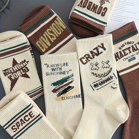 Resim 5'li Erkek Çorap, Vintage Amerikan Tarzı, Rahat ve Nefes Alabilir, Orta Diz Boyu, Pamuk Karışımı, Polyester, Spandeks, Yalnızca El Yıkama, Harf Deseni, Örgü Kumaş, Casual ve Outdoor Giyim 