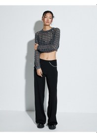 Resim Koton Ajurlu Crop Kazak Bisiklet Yaka Uzun Kollu Antrasit 4sak90069ht Antrasit 