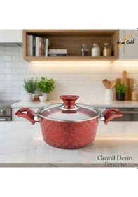 Resim 18 Cm Granit Derin Tencere Cam Kapak - Kırmızı Kırmızı 