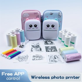 Resim Kablosuz Mini Cep Yazıcısı, Taşınabilir Defter/Düzenleyici ile 5 Beyaz Yapışkan Rulo, 5 Termal Kağıt Rulo, 2 Renkli Baskı Kağıdı, 5 Renkli Kalem, USB Şarj Edilebilir Lityum Pil, Kompakt Tasarım Fotoğraflar, Notlar ve Çalışma Malzemeleri için, Düzenleme Cihazı | Karikatür Karakter Baskısı | Termal Kağıt Yazıcısı, Yazıcı Aksesuarları 