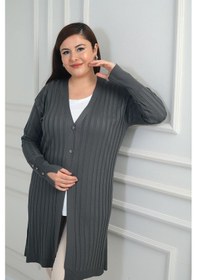 Resim By Saygı Kadın Kol Düğme Detaylı Kalın Fitilli Likralı Büyük Beden Uzun Hırka-41861 Gri 