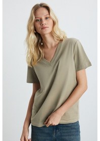Resim Grimelange Alıne Kadın %100 Organik Pamuk Derin V Yakalı Comfort Fit Bej T-shirt Bej 