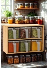 Resim Piev Bambu Standlı Bölmeli Kapaklı Ve Kaşıklı 9 Lu Şeffaf Baharatlık Bakır 