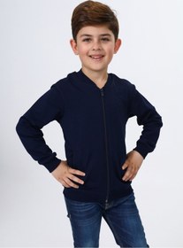 Resim Toontoy Lacivert Erkek Çocuk Kolej Yaka Fermuarlı Cepli Nakış Baskılı Örme Hırka - 2 İplik 
