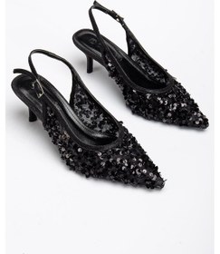 Resim Kadın Kısa Topuklu Abiye Ayakkabı Siyah Pullu File Topuk Açık-3634 Siyah 