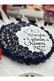 Resim GÜRLEK TEKSTİL Laçivert Gelin Tefi 30 cm Kaligrafi Sanatlı, Kına Gecesi Düğün Bekarlığa Veda Defi 