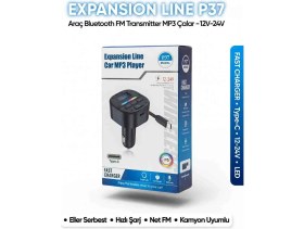 Resim Expansion Line P37 Bluetooth Fm Transmitter Araç Mp3 Çalar Type-C Hızlı Şarj 12-24V LED Ekran 
