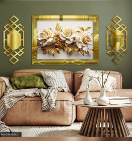 Resim Evinemoda Beyaz Gül Gold Yapraklı Yan Dekorlu 3 Parça Gümüş Pleksi Tablo 