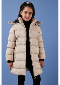 Resim Lela Peluş Astarlı Yakası Suni Kürklü Çıkarılabilir Kapüşonlu Kışlık Kız Çocuk Mont 5766038 Taş 