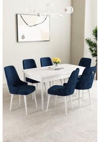 Resim Clara Beyaz 80x132 Açılabilir Yemek Odası Takımı 6 Adet Sandalye Lacivert 