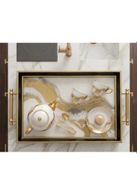 Resim Modern Lüks Desenli Dekoratif Tepsi & Siyah Gold Çerceveli Kulplu Çay Kahve Sunum Tepsisi 