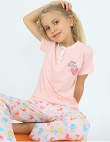 Resim Kız Çocuk Kısa Kollu %100 Pamuklu Düğme Detaylı Little Dreamer Pijama Takımı Somon SOMON 