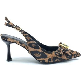 Resim Feles Fiyonk Sarı Toka Detaylı Arkası Açık Stiletto Kadın Topuklu Ayakkabı Leopar 