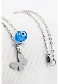 Resim Paslanmaz Çelik Gümüş Renkli Kelebek Kare Cam Nazar Boncuklu Çeli Çok Renkli 