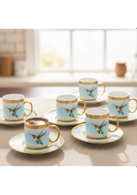 Resim Stork Mavi Gold Renk Kuş Figürlü 6 Kişilik Porselen Kahve Fincan Takımı - 90 Ml. Mavi - Beyaz 