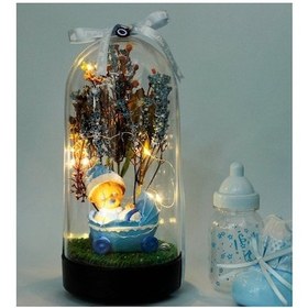 Resim Mobgift Çiçek Altında Yeni Doğan Bebek Tasarımlı Işıklı Fanus Ma Mavi 