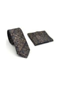 Resim Gaffy Lacivert Bej Kırcıl Desenli Gri Dokuma Kumaş Mendilli Slim Fit Kravat // Sdk-2610-3 Gri 