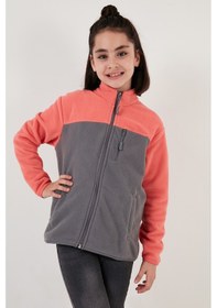 Resim Lela Yumuşak Dokulu Fermuarlı Renk Bloklu Dik Yaka Cepli Hırka Unisex Çocuk Polar 5905001 Somon-Gri 