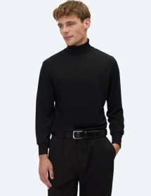 Resim Siyah Tam Balıkçı Yaka Jakarlı Yün Karışımlı Triko Kazak Siyah 