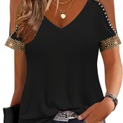 Resim Kadınlar için Rahat V Yaka T-Shirt, Boncuklu Askılı Askılı - Kısa Kollu, Esnek Polyester Karışımı, Makine Yıkanabilir, Siyah, Bayan T Shirts 