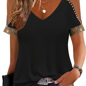 Resim Kadınlar için Rahat V Yaka T-Shirt, Boncuklu Askılı Askılı - Kısa Kollu, Esnek Polyester Karışımı, Makine Yıkanabilir, Siyah, Bayan T Shirts 