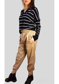 Resim Bej Renkli Beli Lastikli Deri Pantolon Altın 