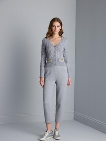 Resim Beli Kordonlu Cepli Gri Triko Pantolon 