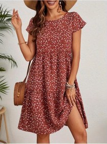 Resim Kadın Kısa Kollu Bisiklet Yaka Çiçek Desenli Süprem Elbise Bordo 