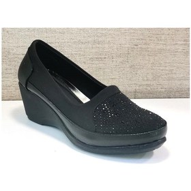 Resim White Line 1630 Kadın Taşlı Paraşüt Kumaş Dolgu Topuklu Ayakkabı Siyah 