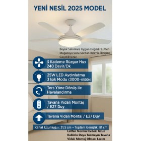 Resim Tavan Vantilatörü LED Ampul 81 cm Büyük Boy 3 Kademe Fan 3 Işık Modu Kumandalı E27 Uyumlu 