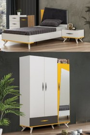 Resim Setay Giallo Genç Odası - 3 Kapılı Dolap, Karyola, Komodin, Şifonyer 