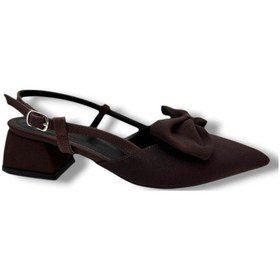 Resim C-shoes Eu141-26 Saten Papyonlu Kısa Kare Topuk Arkası Açık Kadın Ayakkabı Kahverengi 