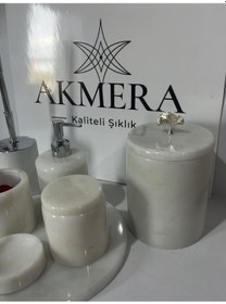Resim Akmera Elite 7 Parça %100 Gerçek Mermer Banyo Seti Beyaz - Gri 