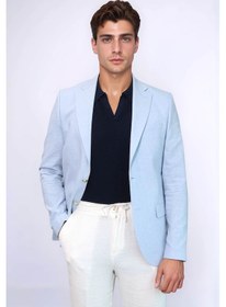 Resim Açık Mavi Keten Dokulu Gold Renk Metal Düğmeli Slim Fit Erkek Blazer Ceket - Wessi Blue 
