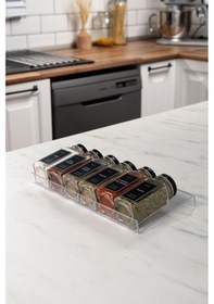 Resim 6'lı Şeffaf Pleksi Standlı Cam Baharatlık Seti Siyah Kapaklı Etiketli Baharatlık Mh02syh06 Siyah - Şeffaf 