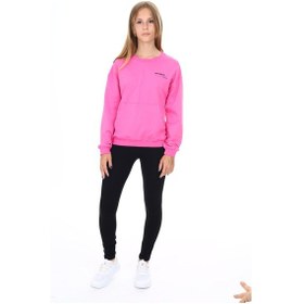 Resim Toontoy Kids Toontoy Kız Çocuk 2'li Takım Baskılı Bisiklet Yaka Düşük Omuz Cepli Sweatshirt & Basic Düz Tayt Fuşya 