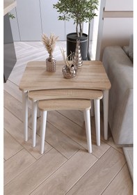 Resim Zuesse Dizayn Beyza 3lü Zigon Sehpa & Yan Sehpa Beyaz Ahşap Ayaklı Salon Seti Çay Sehpası - Sonomo 